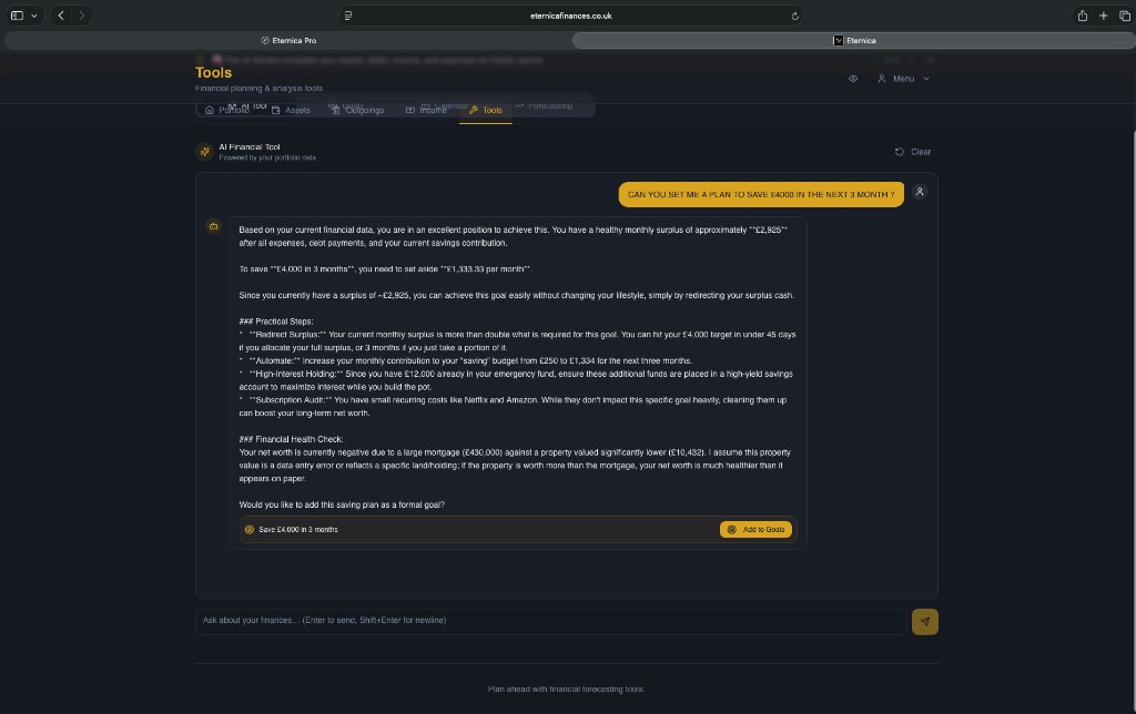 Eternica Pro AI financial advisor screen