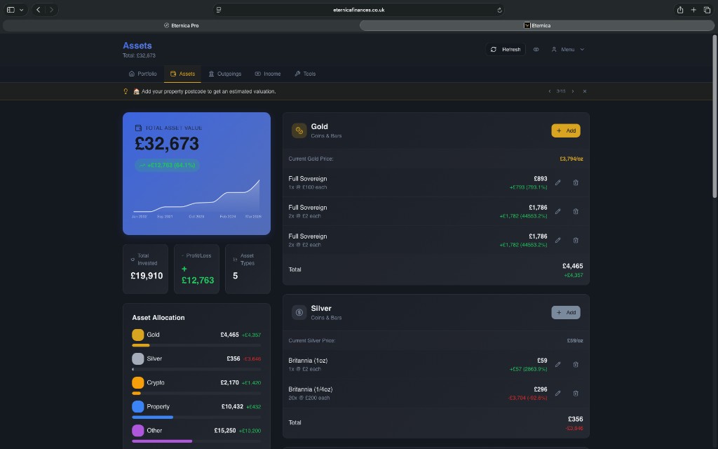 Eternica Pro assets tracking screen