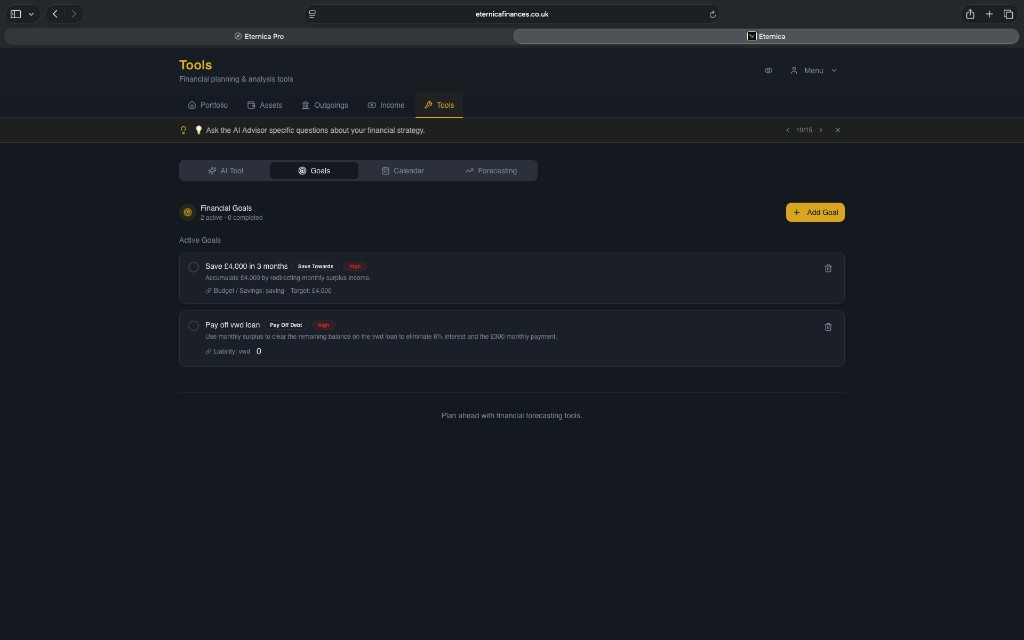 Eternica Pro goals planning screen