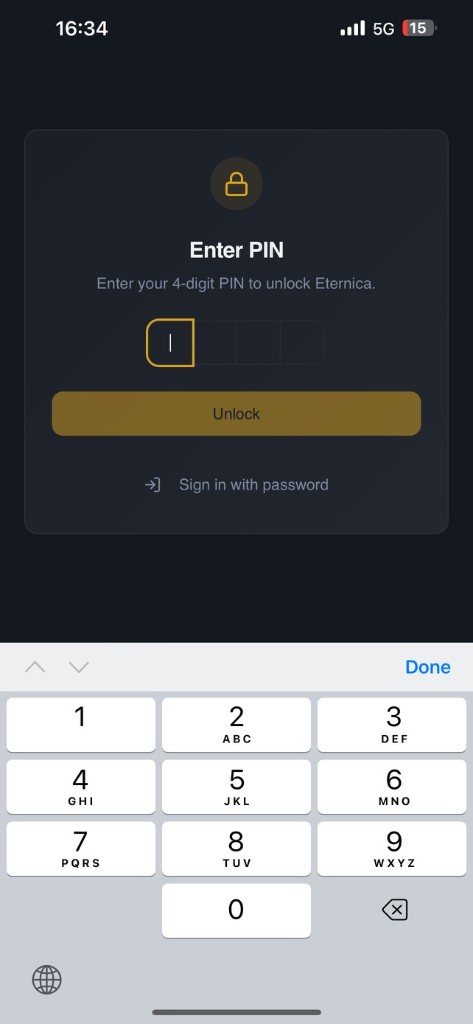 Eternica Pro mobile app PIN entry screen